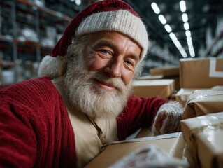 Santa's Warehouse: A close-up shot of an elderly gentleman dressed as Santa Claus, he smiles with gentle eyes amidst a warehouse filled with gifts, capturing the spirit of the holiday season.