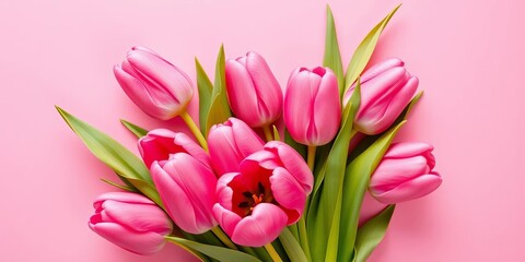 Obraz premium Pink tulip bouquet on pink background Top view Copy space Mother's Day, Valentine's Day, birthday, bouquet, petals