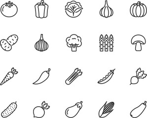 Vector set of vegetables line icons. Contains icons tomato, pepper, cucumber, potato, carrot, cabbage, zucchini, pumpkin and more. Pixel perfect.