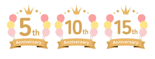 風船のかわいいアニバーサリーロゴセット（ベクター 周年記念 お祝い ロゴ イラスト 5周年 10周年 15周年）
