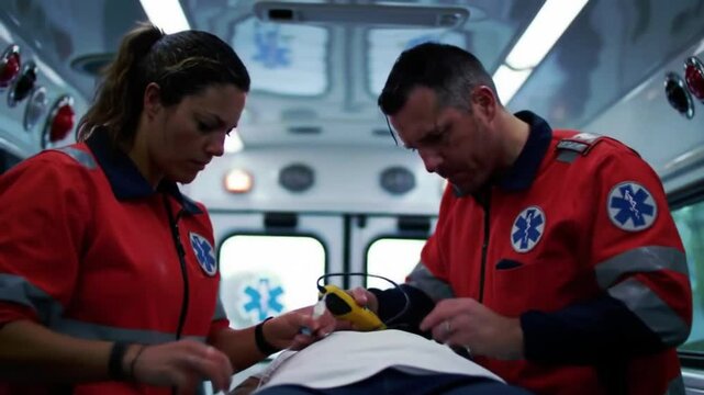 Paramedics Treating Injured Person in Ambulance, Emergency Medical Care, Saving Life