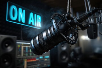 On Air Broadcast: A close-up of a professional microphone, with the "ON AIR" sign illuminated, set against a sound studio ambiance.