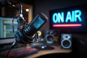 Microphone in Studio: A professional microphone in a sound recording studio, ready for the next broadcast or voice-over session.