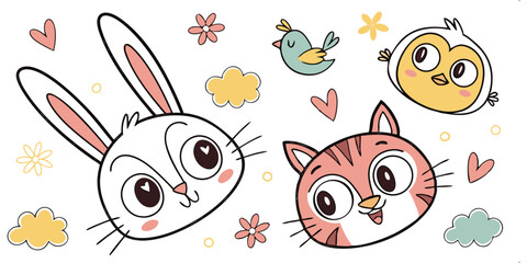 Cartoon Animals: a whimsical composition featuring a rabbit, cat, bird, and owl in a joyful and playful illustration, perfect for children's designs and cheerful themes.