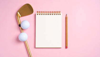Blank Notepad, Pencil, Luxury Golden Golf Club and Balls Isolated on Pink Background