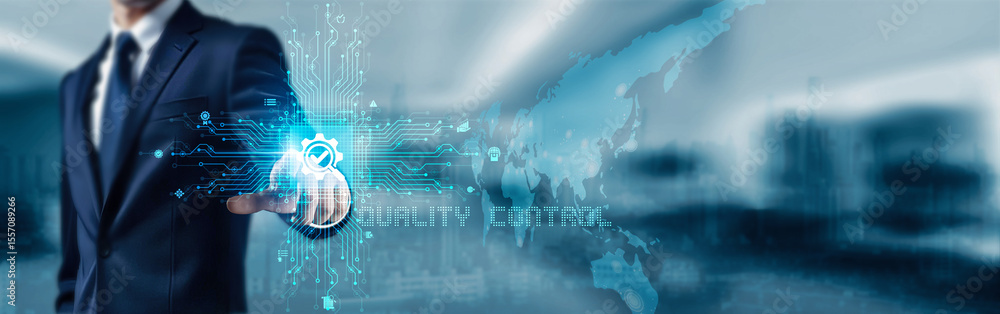 Poster businessman touching icon and word quality control on digital touchscreen interface ensures product 