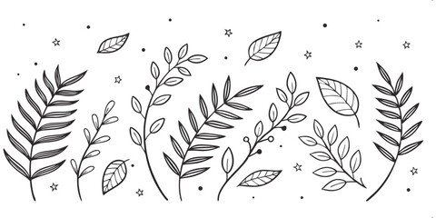 Botanical Sketchbook: A delicate black and white illustration showcases an array of plant life, inviting contemplation of nature's intricate beauty. 