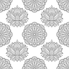 Seamless decorative ornament in ethnic oriental style. Lotus flower and mandala for Henna, Mehndi, tattoo, decoration. Doodle outline hand draw vector illustration.