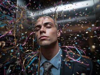 Celebratory Downpour: Capturing a man's moment amidst a joyous cascade of confetti and streamers, evoking the thrill of celebration and the beauty of a vibrant event. 