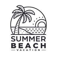 Naklejka premium Tropical Beach Scene Outline Icon - Summer Sunset & Vacation Symbol