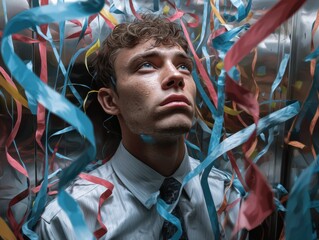 Caught in the Confetti: A young man is swathed in ribbons, a moment of introspection and serenity amidst the colorful chaos.