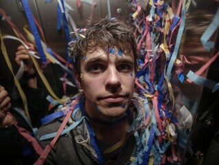 Confetti-Covered Aftermath: A young man, eyes wide with a mix of surprise and humor, is engulfed in a vibrant cloud of confetti, symbolizing the culmination of a joyful event.