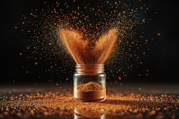 A dynamic golden explosion of fine powder bursts forth from a clear jar with a black lid on a powder-covered surface.