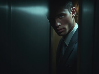 Intriguing Gaze: A striking portrait of a sharp-dressed individual framed in a dark setting, exuding a mysterious air of confident presence.