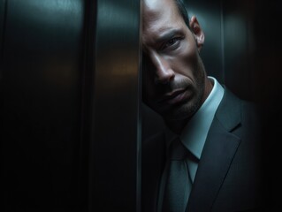Elevator Reflection: A man in a suit stands in an elevator, the cold steel reflects in his eyes, a symbol of introspection, business, and the modern world.