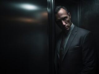 Solitary Reflection in the Elevator: A man in a tailored suit stands in a dimly lit elevator, his gaze intense. This evocative image captures a moment of introspective solitude. 