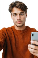 Selfie with Style: A close-up portrait captures a fashionable individual, holding a smartphone and taking a selfie, showcasing a blend of modern technology and personal expression.