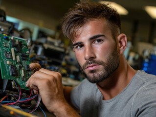 Tech Artisan: A focused individual, with intense concentration, meticulously examines intricate circuit boards in an industrial setting, revealing expertise in the realm of technology and electronics.