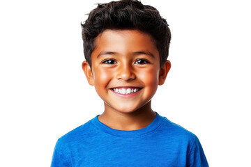 Happy young boy with bright smile wearing blue t-shirt, posing confidently against a solid dark background, showcasing joy and innocence of childhood