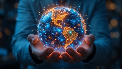 Fototapeta premium Futuristic Digital Globe in Hands with Network Connections and Glowing Technology Elements