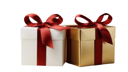 Festive wrapped gifts evoke celebrations, showcasing a white box and golden box adorned with elegant red ribbons transparent.