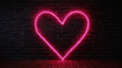 A bright pink neon heart glows against a dark brick wall, creating a vibrant and romantic atmosphere