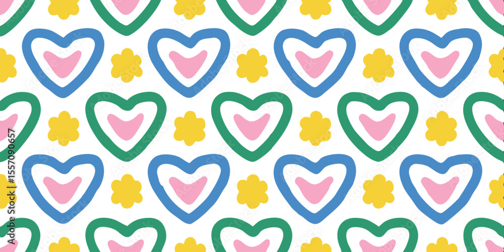 Poster vibrant heart pattern: a lively and cheerful repeating pattern of hearts and flower-like shapes in a
