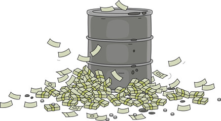 Big and heavy oil barrel in a pile of money, vector cartoon illustration isolated on a white background