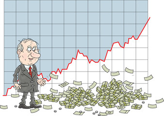 Lucky businessman enjoying his rising chart of profit and growing heap of money, vector cartoon illustration on a white background