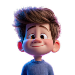 Animated boy with brown hair and rosy cheeks smiling against dark backdrop