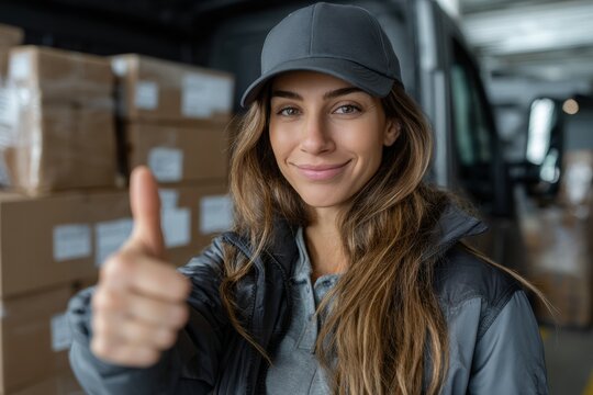 Thumbs Up for Delivery: A female delivery worker in a cap gives a cheerful thumbs up, surrounded by packages inside the cargo area of a transport vehicle, symbolizing efficient service.
