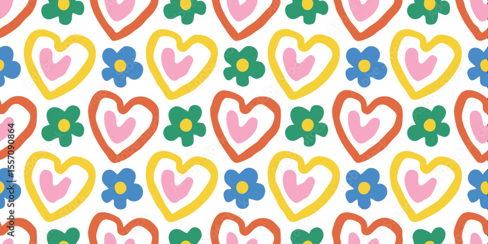 Poster whimsical heart and flower pattern: a playful pattern featuring heart and flower in bright colors, c