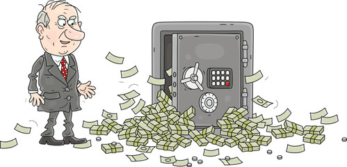 Lucky businessman with an open safe full of money enjoying his profit from a good deal, vector cartoon illustration on a white background