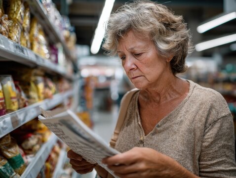 Shopping for Daily Essentials: A focused view of an elderly woman carefully comparing and reviewing items within a grocery store setting.
