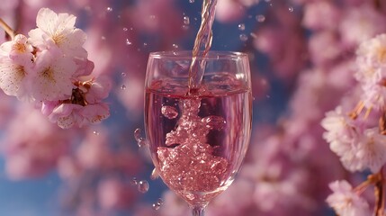 桜の花とロゼカラーの飲み物が彩る春の一杯