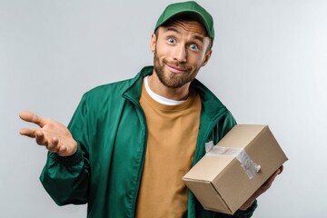 The Delivery Dilemma: A perplexed delivery person, box in hand, wears a quizzical expression, portraying the common uncertainties of modern-day package delivery.