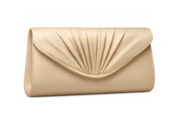 Golden clutch bag with pleated satin texture, isolated on transparent background, perfect for fashion and accessory projects