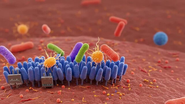 Colorful microscopic view of bacteria interacting with a cell membrane, showcasing microbial life and cellular processes in a vibrant environment
