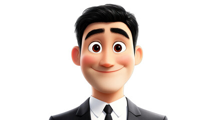 Animated character of a smiling man in a suit against a black background