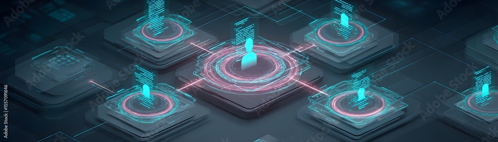 Poster a digital network concept showing holographic human icons connected on layered platforms, symbolizin