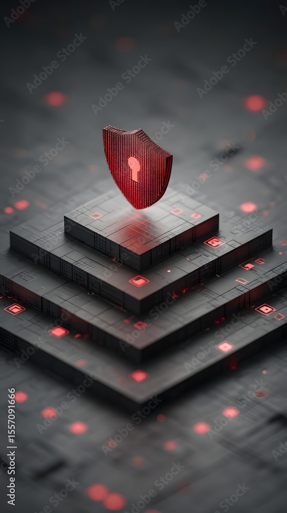 Aufkleber a glowing digital shield with a keyhole floats above layered black platforms, symbolizing cybersecur
