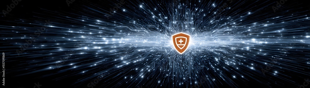 Poster a futuristic digital shield symbolizing cybersecurity protection amid streaming data and circuit pat
