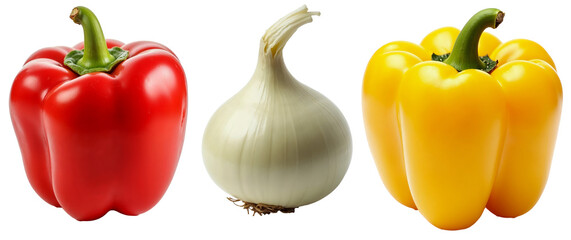 Three vegetables on a transparent background: a red bell pepper, a yellow bell pepper, and a white onion. Fresh and vibrant colors highlight their natural shapes.