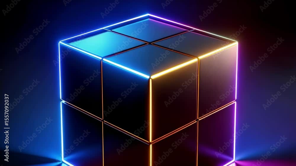 Poster stylized neon cube composed of smaller cubes stacked in a square formation on a dark gradient backgr