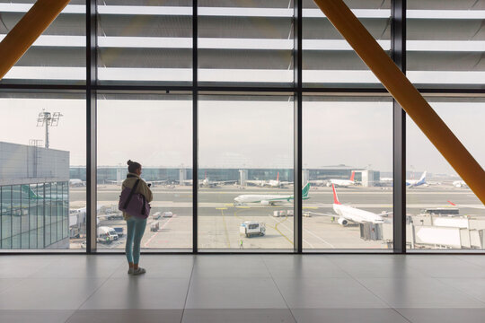 A lone traveler stands by a large terminal window, observing aircraft and ground crew activities at a busy airport on a clear day. The scene captures the hustle of air travel.