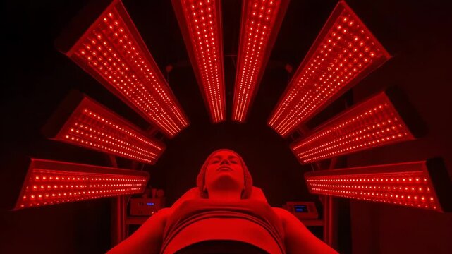 A person undergoing red light therapy in a wellness center, surrounded by glowing panels, promoting relaxation and rejuvenation