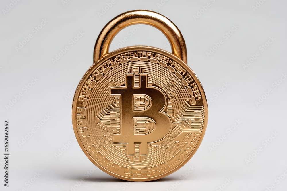 Poster secure digital ownership symbolized by golden bitcoin coin locked with padlock representing cryptocu