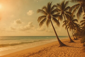 Obraz premium Vintage Tropical Paradise Palm Trees on a Golden Sandy Beach with Turquoise Ocean and Warm Sunlight in the Background