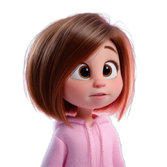 Animated girl with pink hoodie, big eyes, and short, stylized brown hair