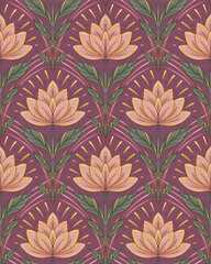 Lotus flower seamless pattern on the burgundy background in art deco style. Muted pink and green floral design. Ideal for elegant wallpaper textile fabric and modern decorative ornament concept.